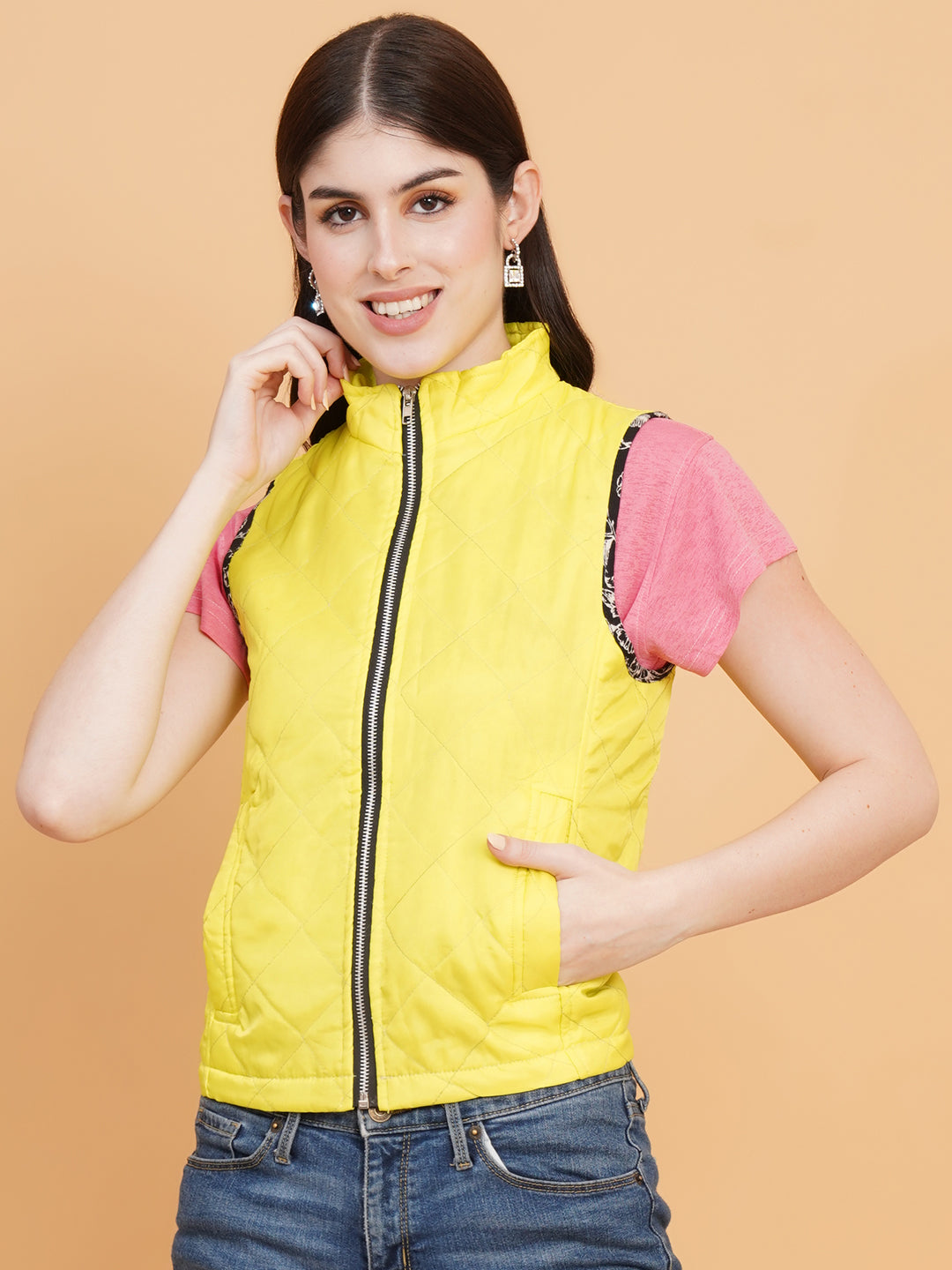 Women Yellow Solid Quilted Jacket