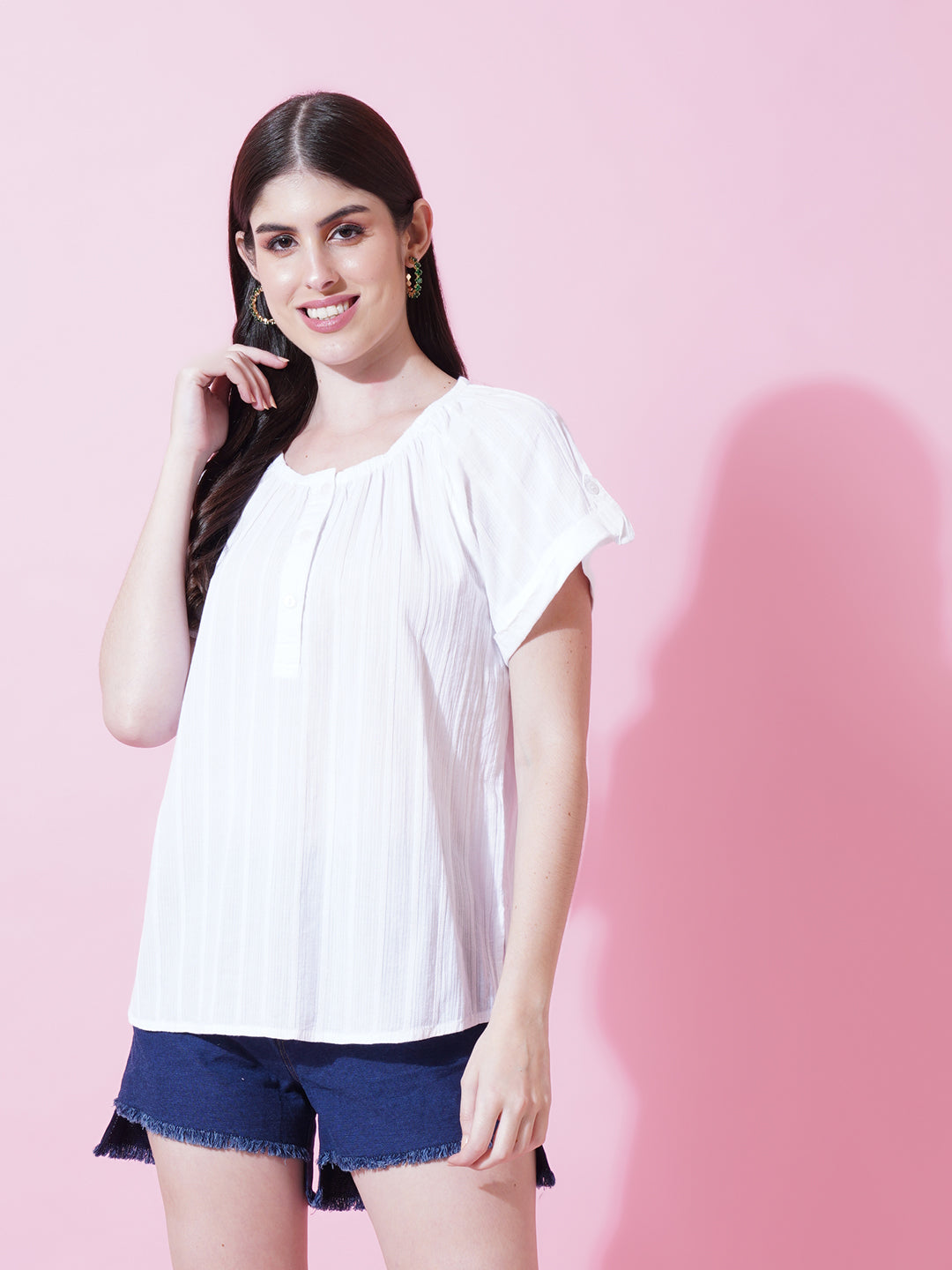Women White Solid Stripe Cotton Top