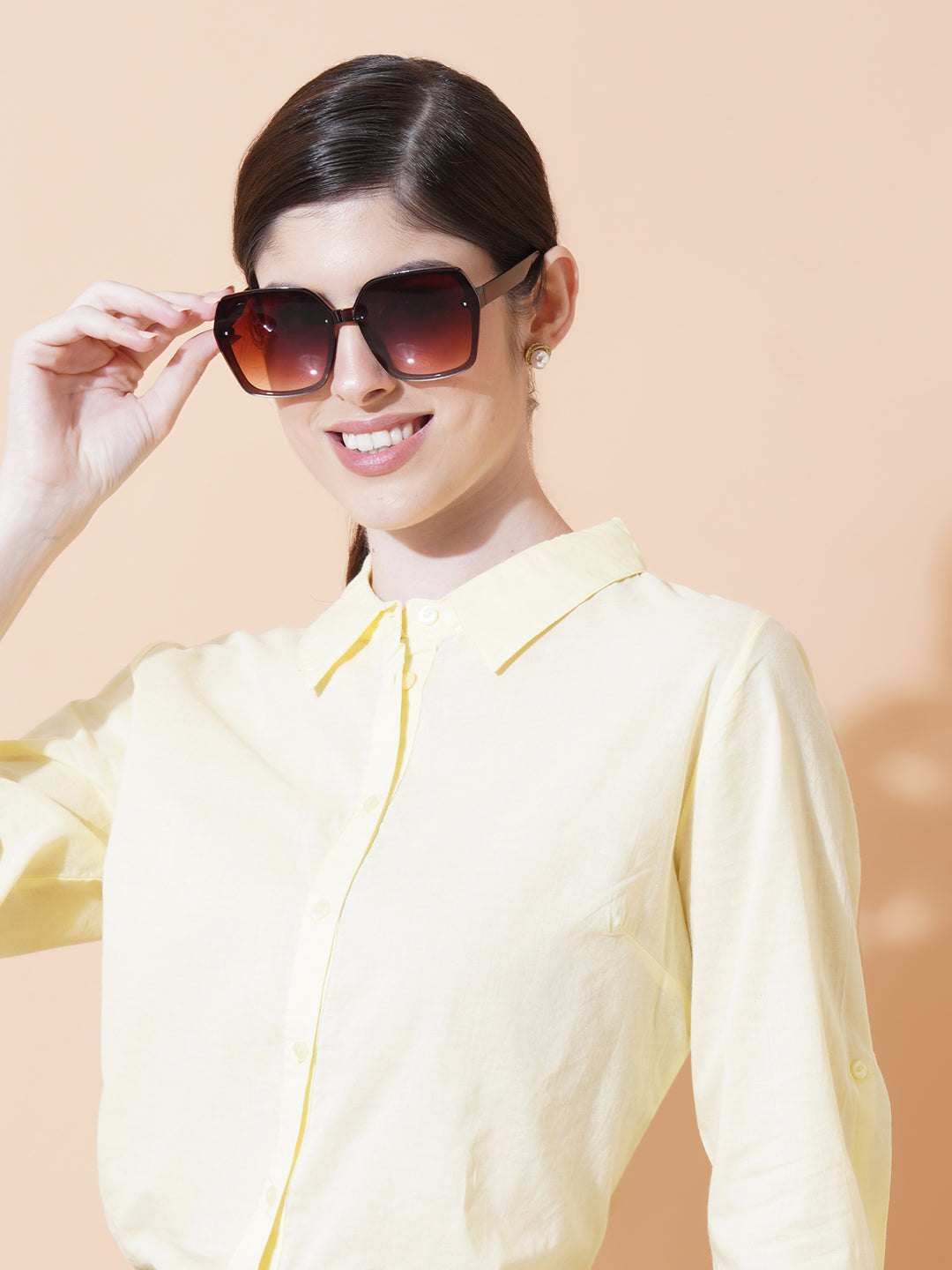 Women Yellow Solid Spread Collar Cotton Shirt Style Top