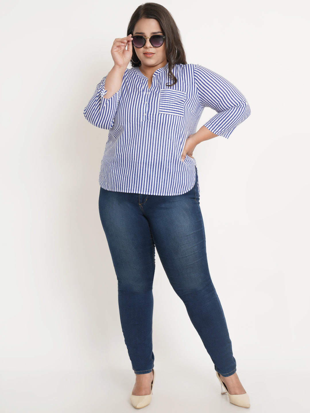 Women Blue & White Stripe Mandarin Collar Plus Size Top