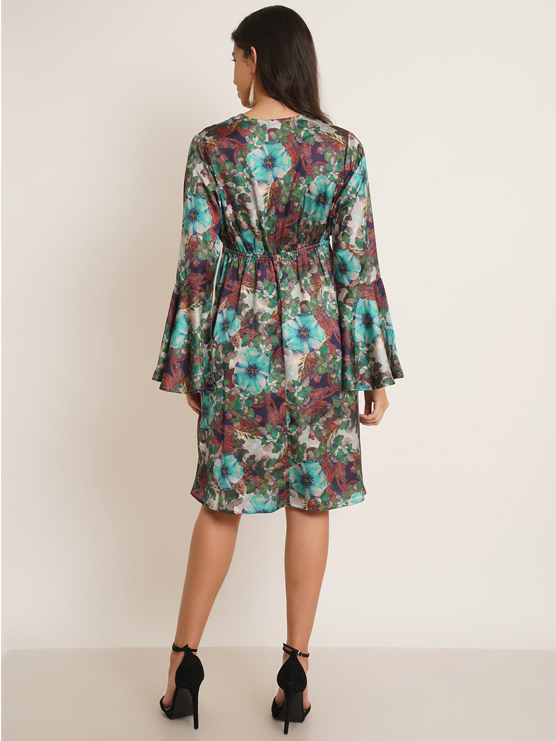 Women Green & Blue Printed Bell Sleeve Drawstring Fit & Flare Dress