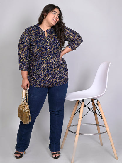 Women Plus Size Navy Blue & Green Printed Pintuck Mandarin Collar Longline Top