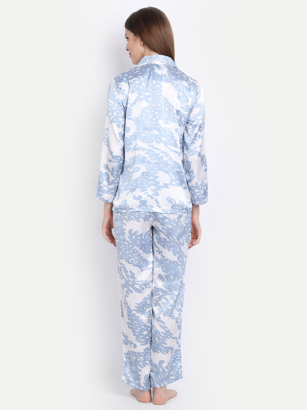 Women Satin Blue & White Pyjama & Shirt Nightsuit Set
