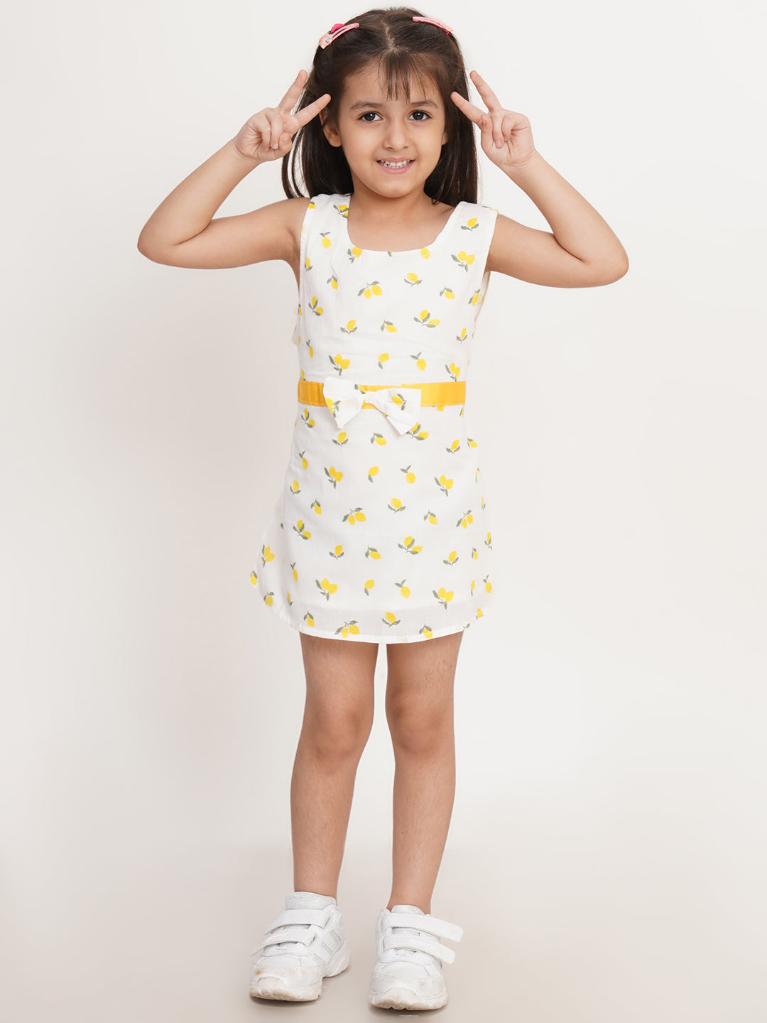 CREATIVE KID'S Girl White & Yellow Fruit Print Cotton A-Line Dress