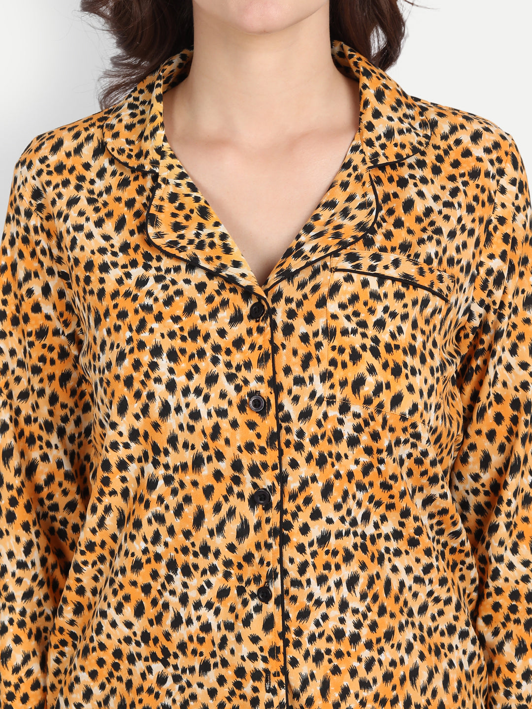 Women Black & Yellow Animal Print Polyester Pyjama & Shirt Nightsuit Set