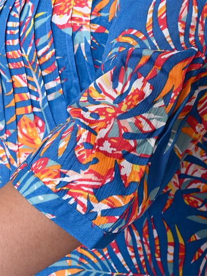 Women Plus Size Blue & Orange Printed Pintuck Mandarin Collar Longline Top