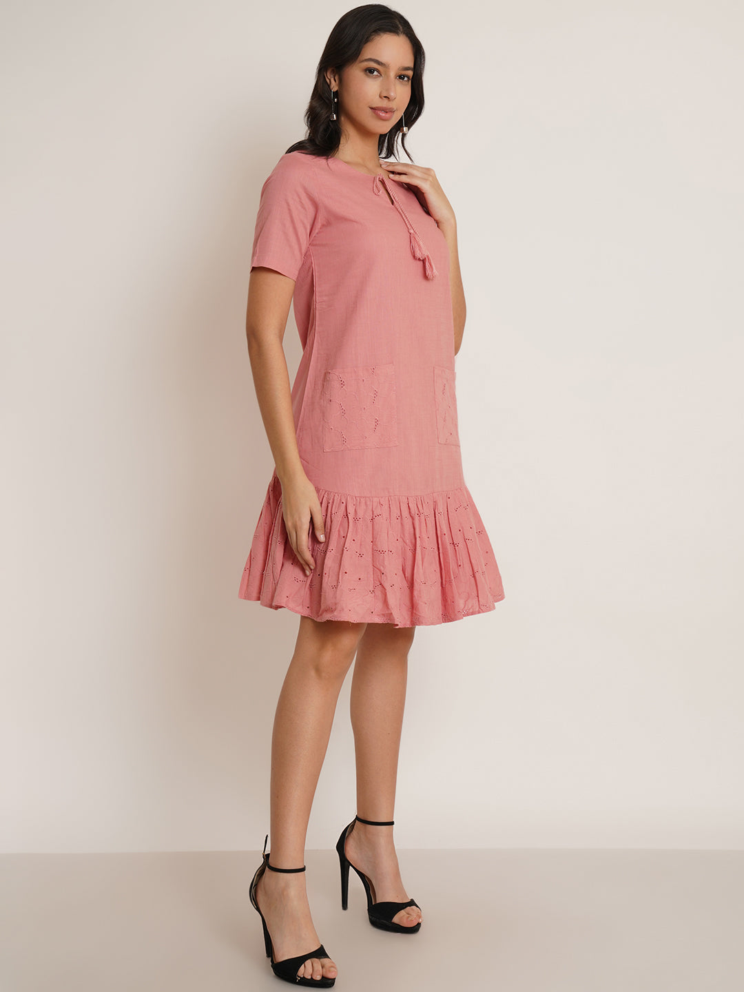 Women Pink Schiffli Tie-Up Neck Dress