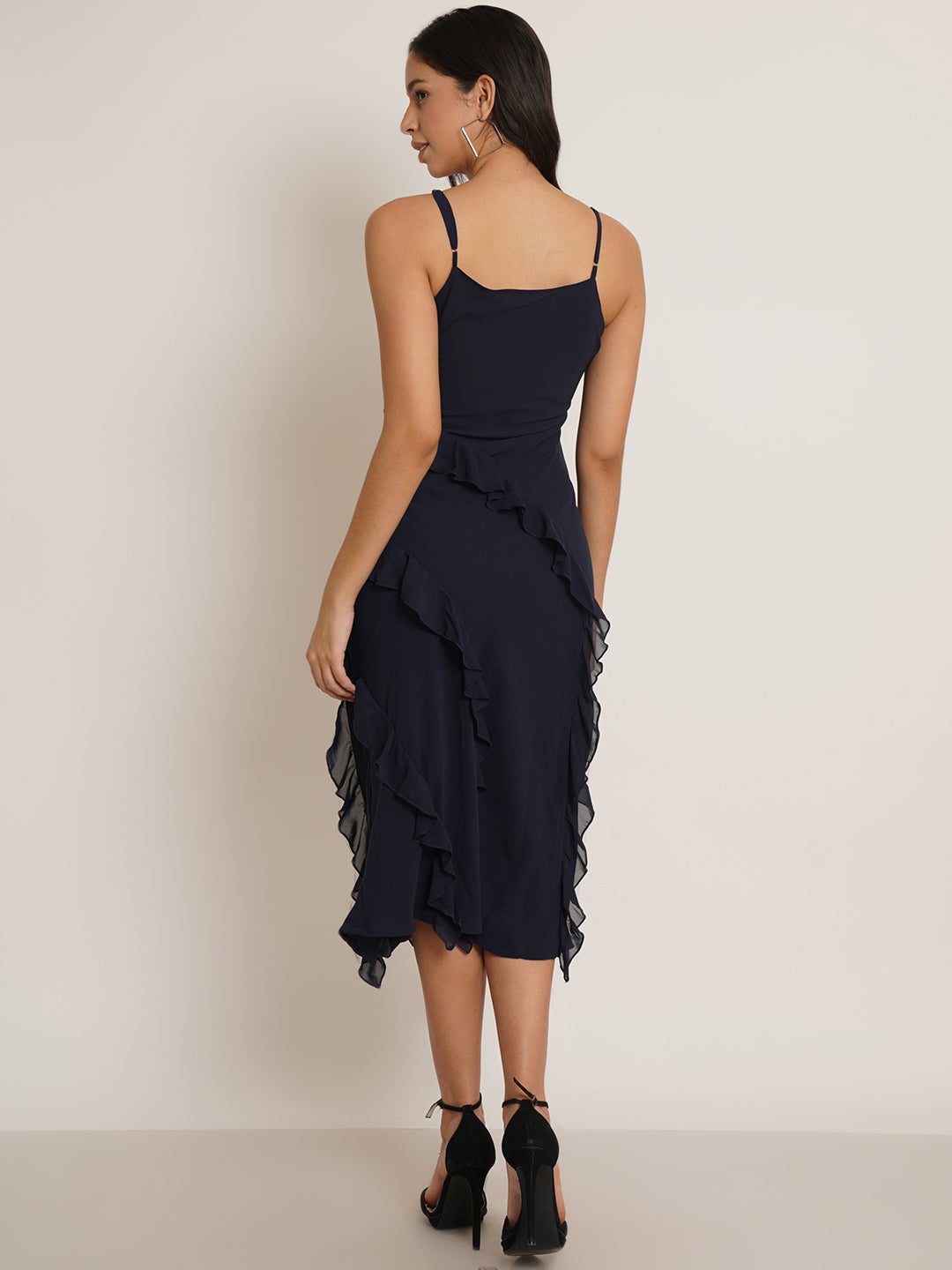 Women Navy Blue Solid Frill Midi Dress