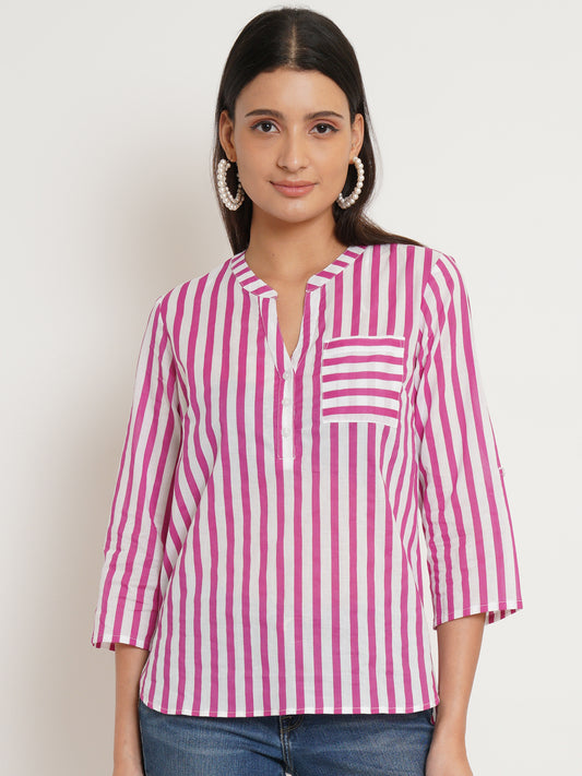 Women Pink & White Stripe Plus Size Top