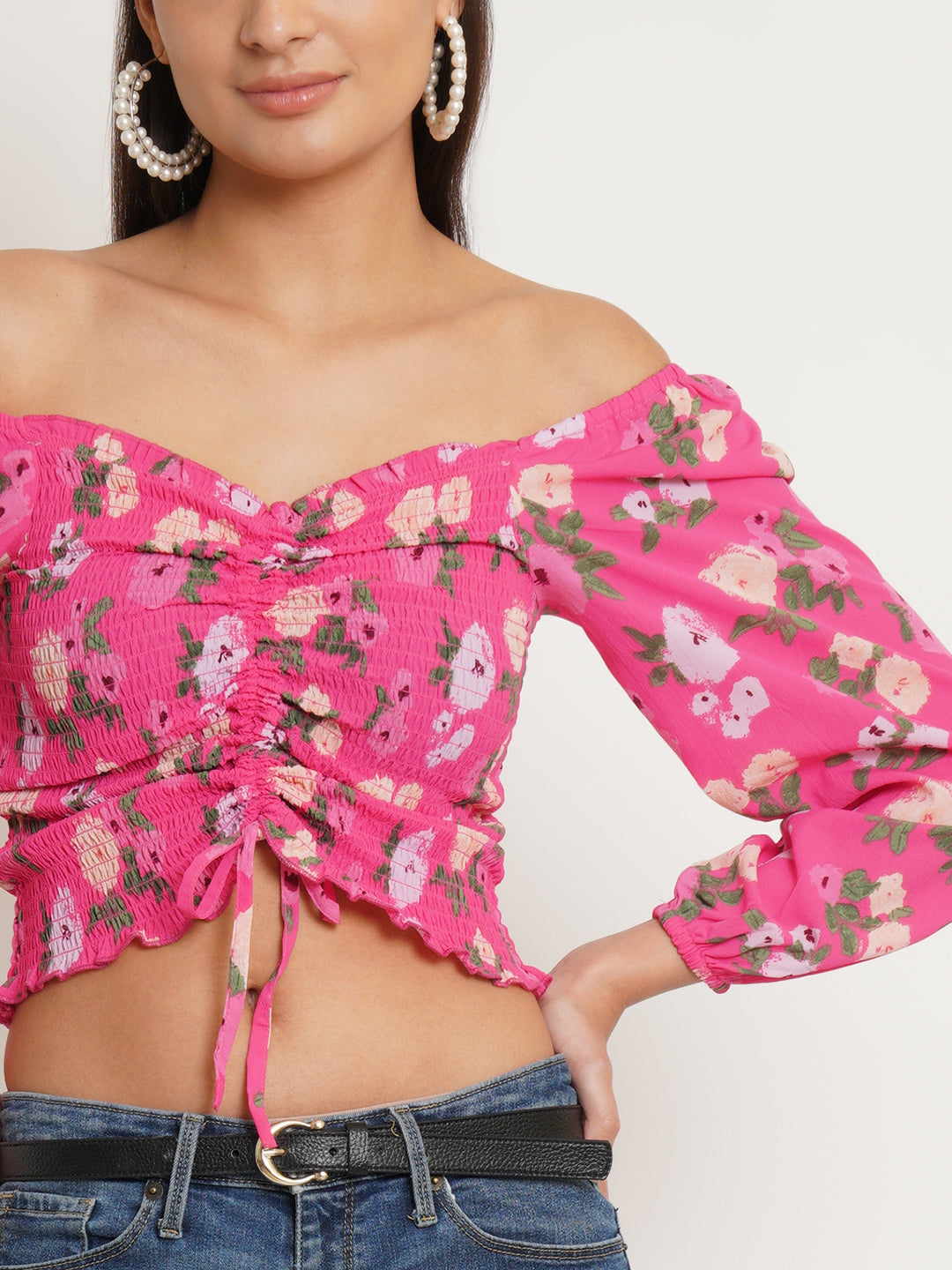 Women Pink Drawstring Front Floral Print Smocked Crop Top