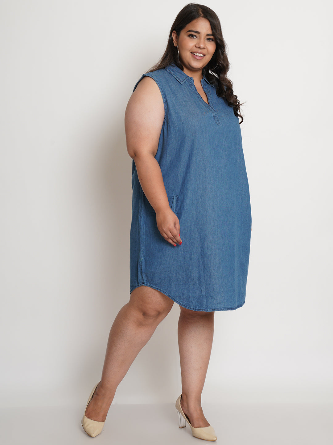 Women Blue Collared Denim Plus Size Shirt Dress