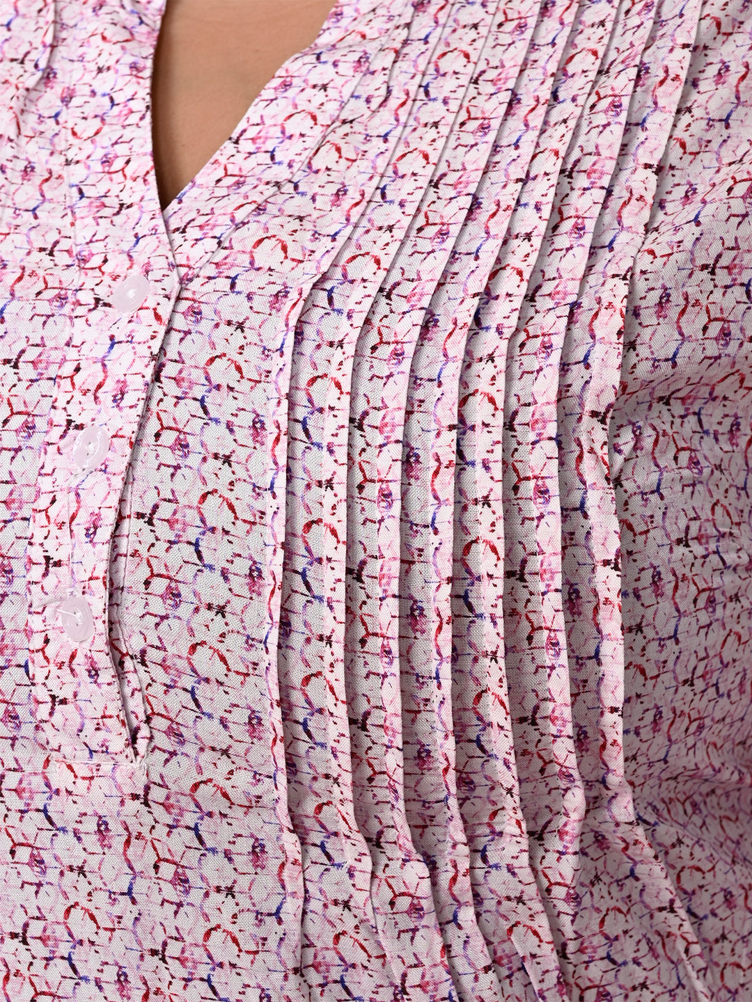 9 Impression Women Plus Size Pink Printed Pintuck Mandarin Collar Longline Top