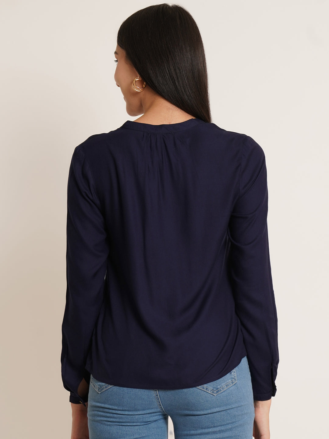 Women Navy Blue Solid Mandarin Collar Top