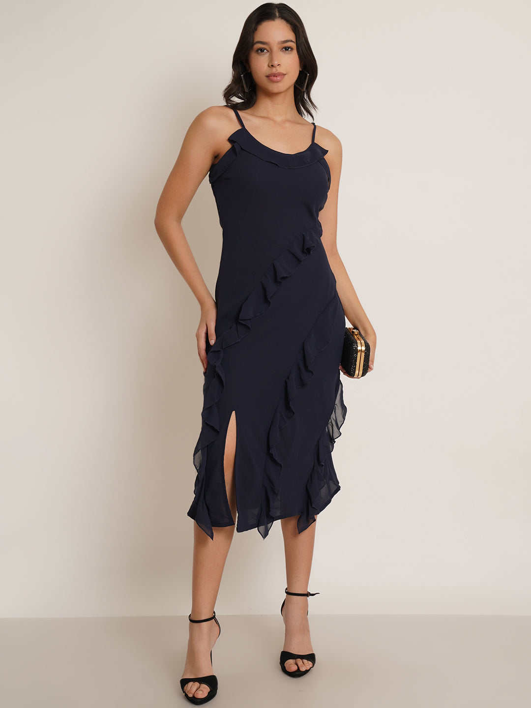 Women Navy Blue Solid Frill Midi Dress