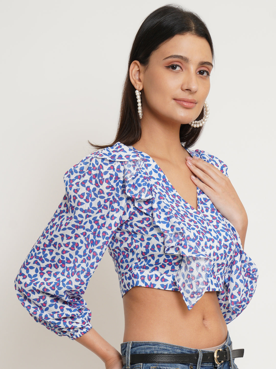 Women Pink & White Printed Ruffled Bardot Top