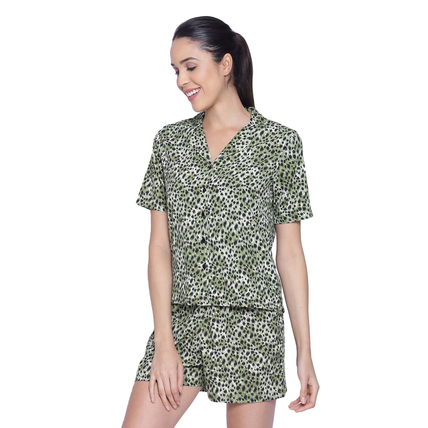 Women's Black & Green Printed Polyester Shorts & Shirt Nightsuit Set