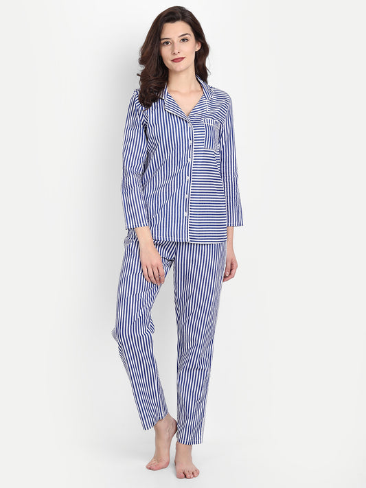 Women Blue & White Stripe Cotton Pyjama & Shirt Nightsuit Set