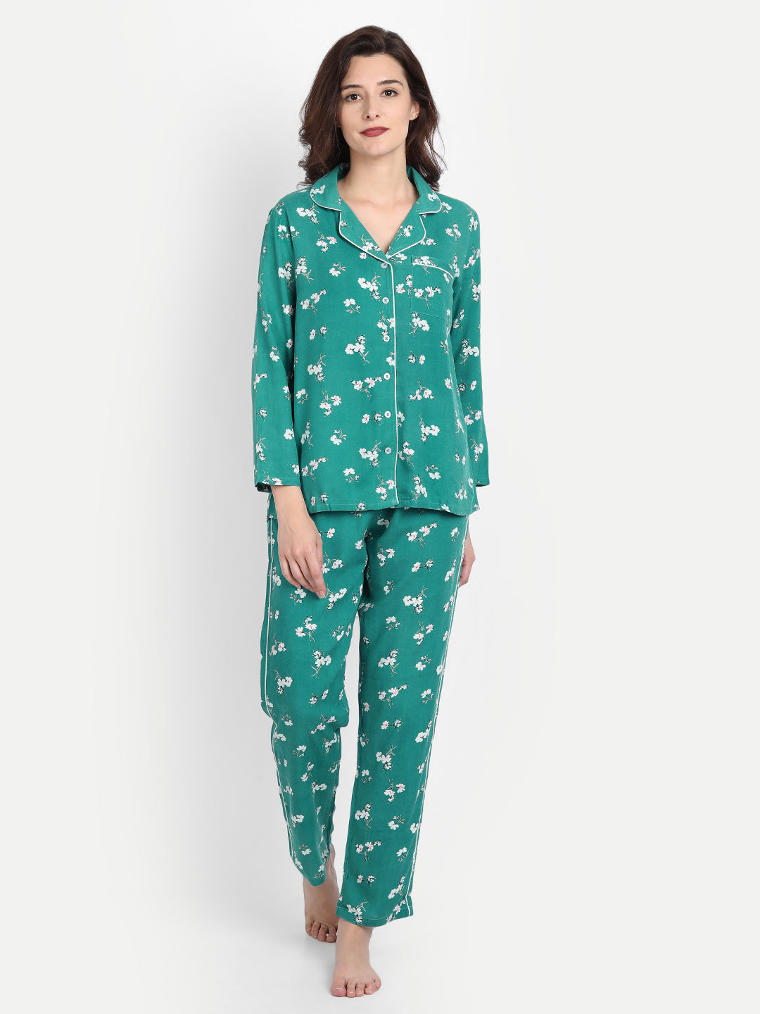 Women Green Floral Print Rayon Pyjama & Shirt Nightsuit Set