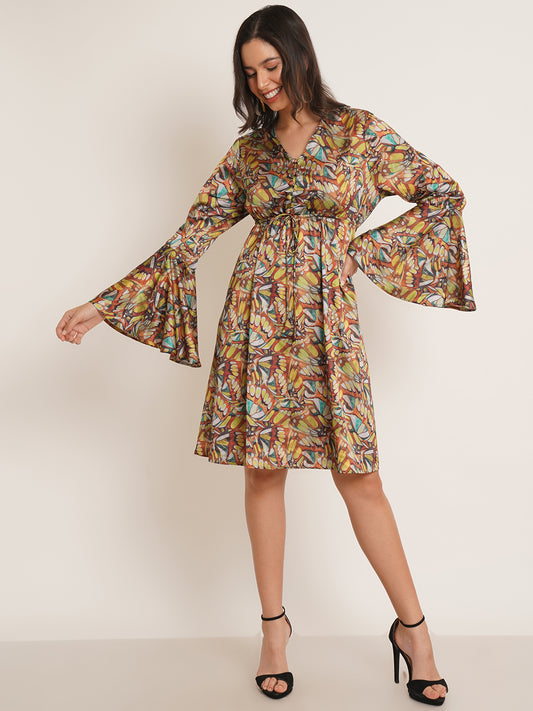 Women Yellow & Brown Printed Bell Sleeve Drawstring Fit & Flare Dress