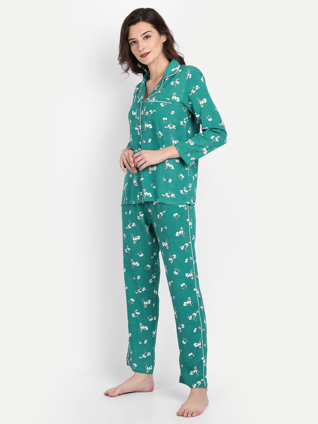 Women Green Floral Print Rayon Pyjama & Shirt Nightsuit Set