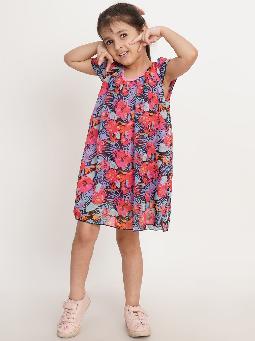 CREATIVE KID'S Girl Pink & Black Floral Print A-Line Dress
