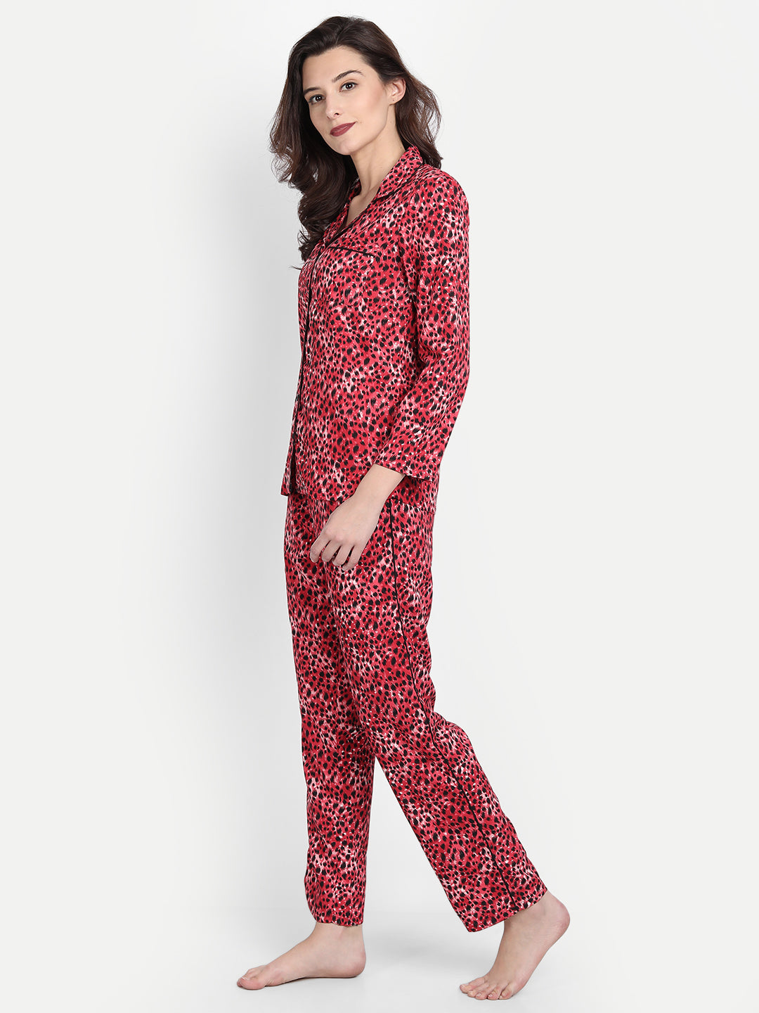Women Black & Red Animal Print Polyester Pyjama & Shirt Nightsuit Set