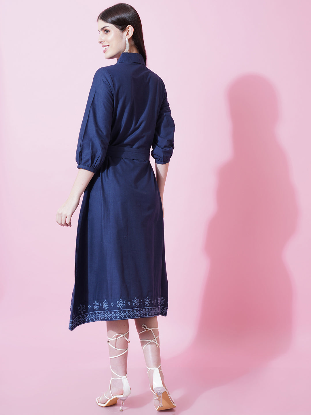 Women Navy Blue Denim Embroidered Shirt Collar Drawstring Midi Dress