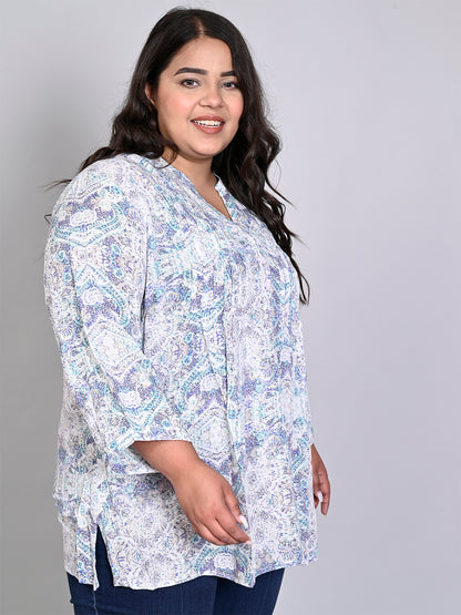 9 Impression Women White & Blue Printed Pintuck Mandarin Collar Plus Size Top