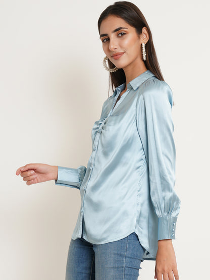 Women Silver Solid Satin Full Sleeves Shirt Collared Tops