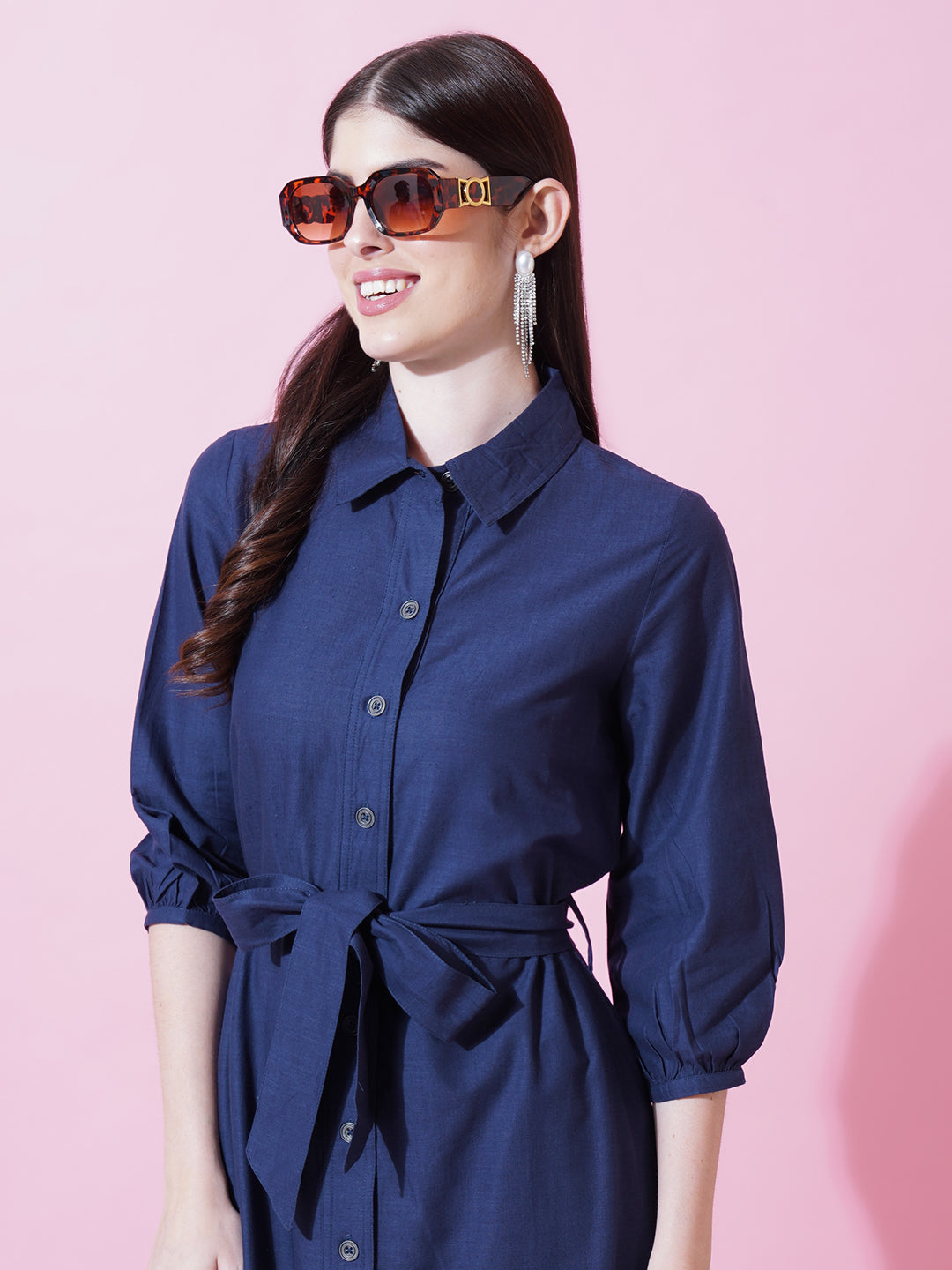 Women Navy Blue Denim Embroidered Shirt Collar Drawstring Midi Dress