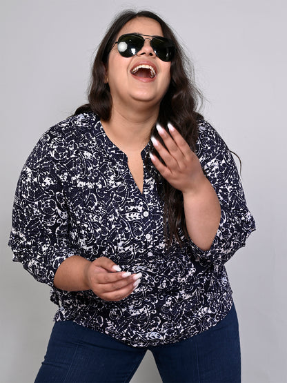 Women Plus Size Navy Blue & White Printed Pintuck Mandarin Collar Longline Top