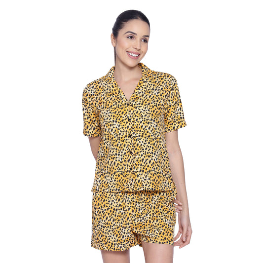 Women's Black & Yellow Printed Polyester Shorts & Shirt Nightsuit Set