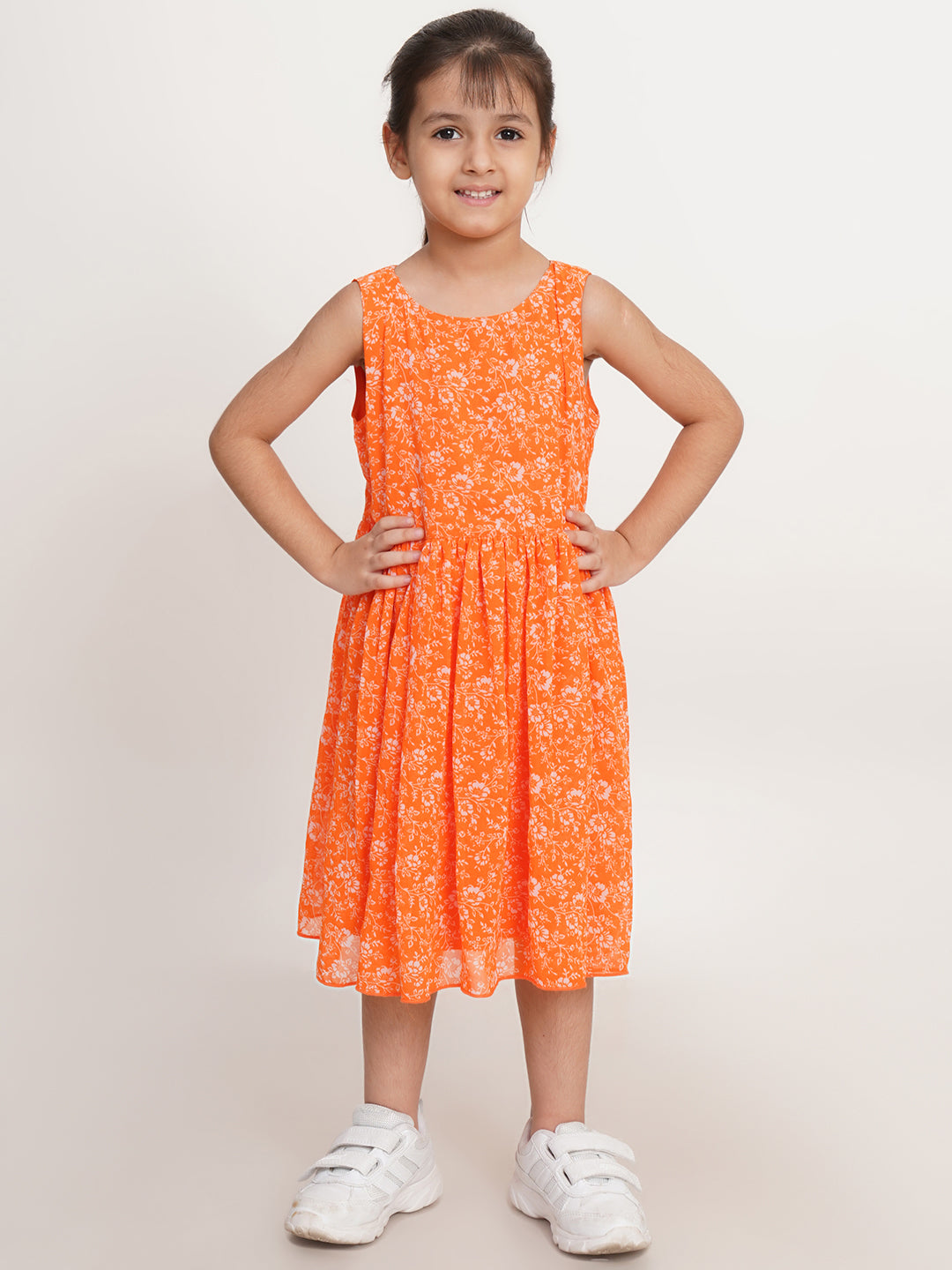 CREATIVE KID'S Girl Orange & White Floral Print A-Line Dress