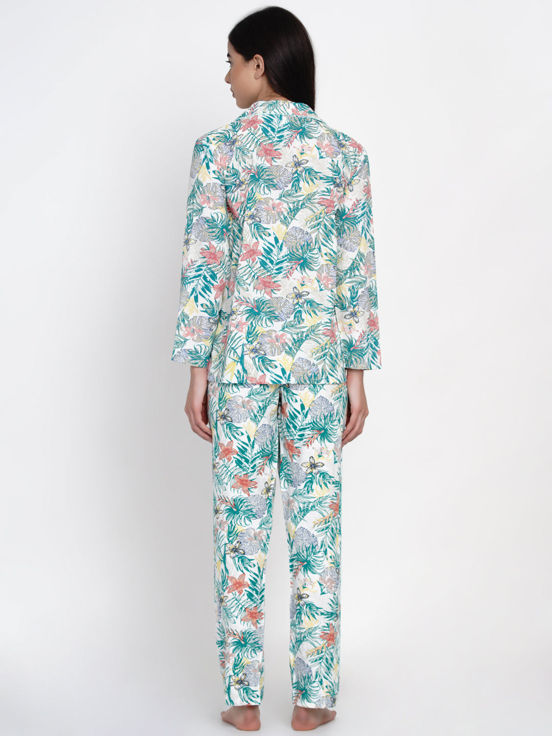 Women White Floral Print Viscose Rayon Pyjama & Shirt Nightsuit Set