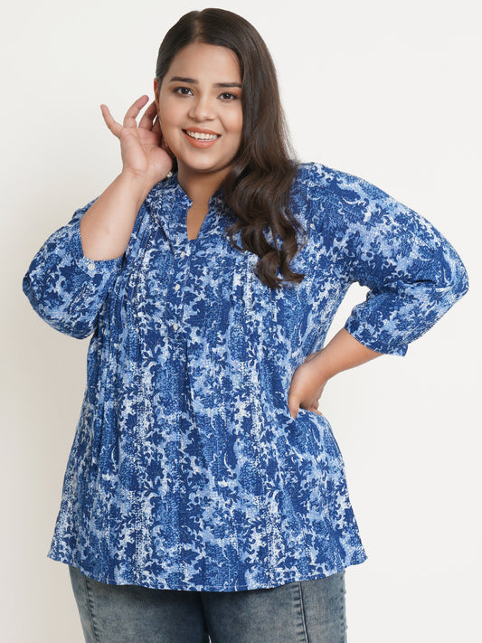 Women Blue & White Abstract Printed Mandarin Collar Plus Size Top