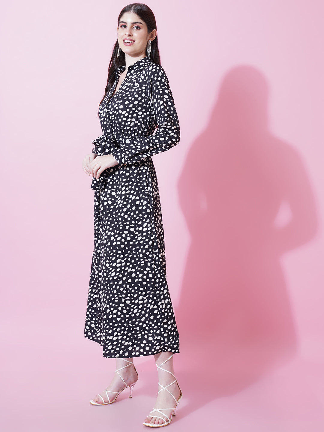 Women Black & White Polka Dot Drawstring Collared Maxi Dress