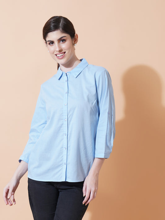 Women Blue Solid Spread Collar Cotton Shirt Style Top