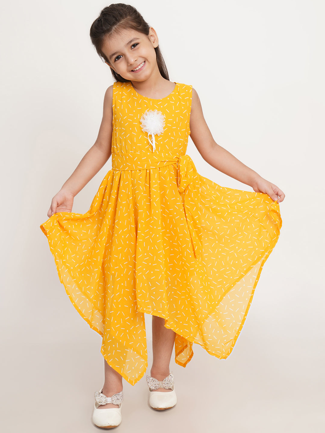 CREATIVE KID'S Childrens Yellow & White Geometry Print High-Low Dress