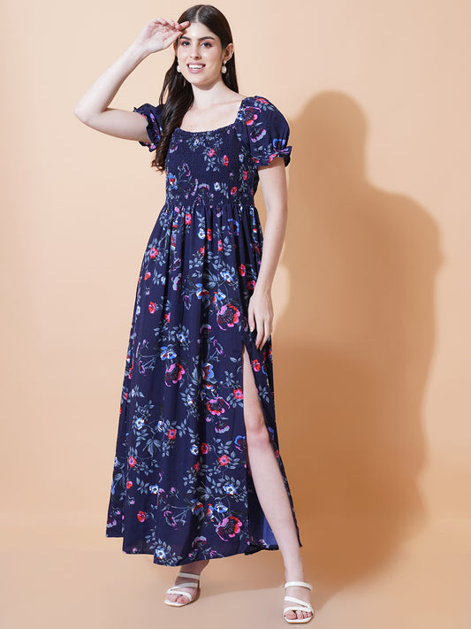 Women Navy Blue & Pink Floral Print Smocked Maxi Dress