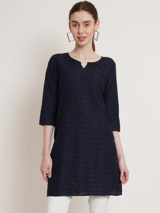 Women Navy Blue Embroidered A-Line Kurta