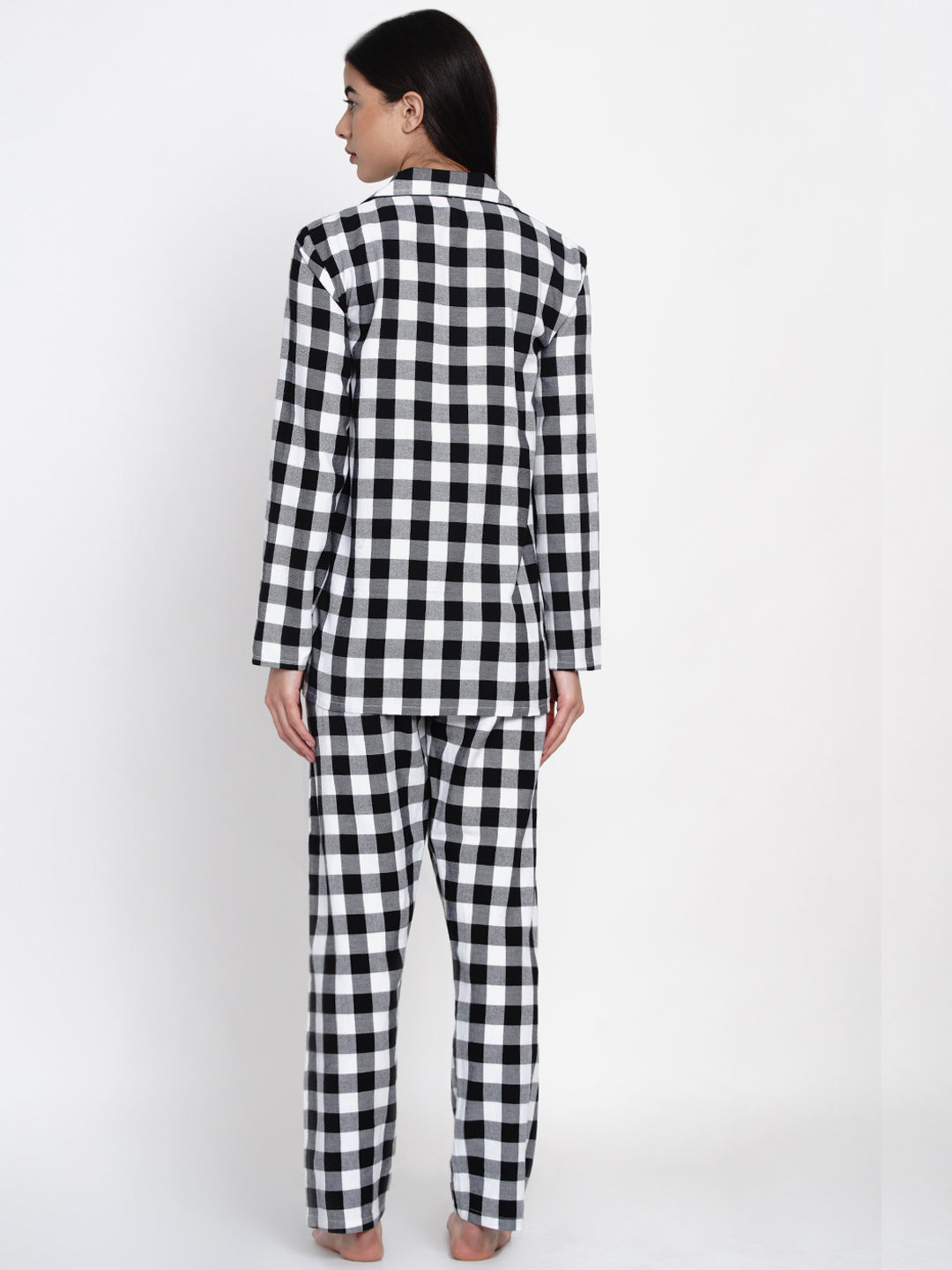 Women Black & White Checked Cotton Pyjama & Shirt Nightsuit Set