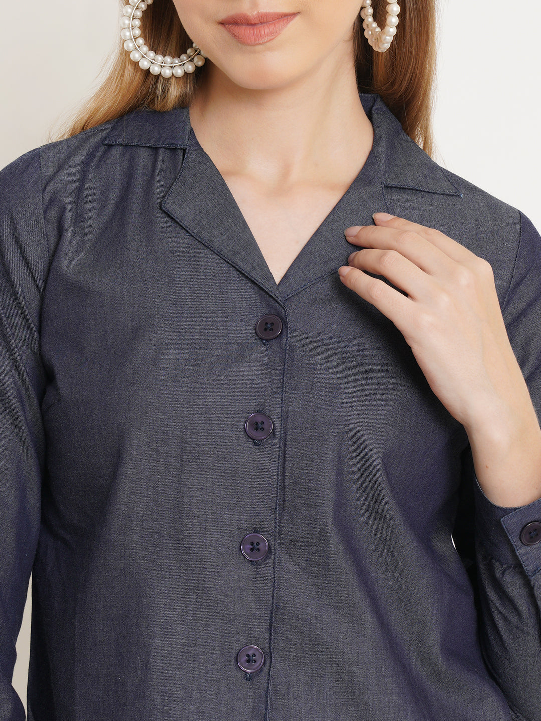 Women Navy Blue Solid Denim Shirt Style Top
