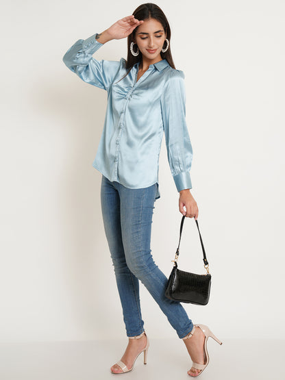 Women Silver Solid Satin Full Sleeves Shirt Collared Tops
