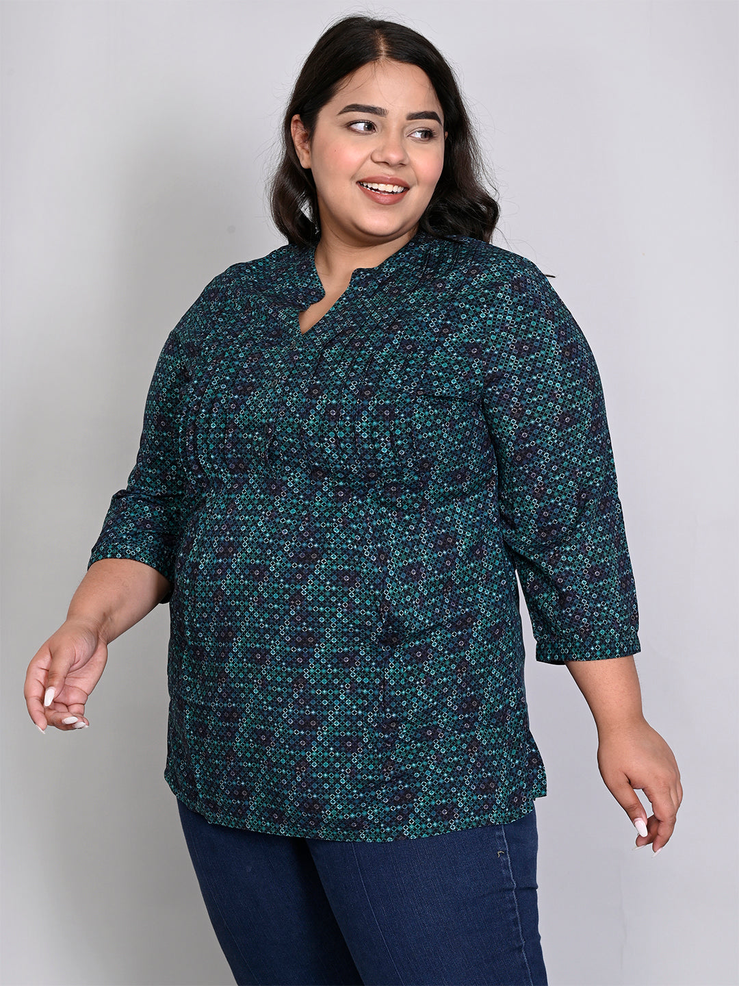 Women Plus Size Green & Navy Blue Printed Pintuck Mandarin Collar Longline Top