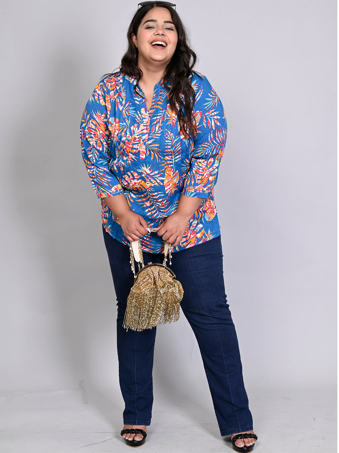 Women Plus Size Blue & Orange Printed Pintuck Mandarin Collar Longline Top