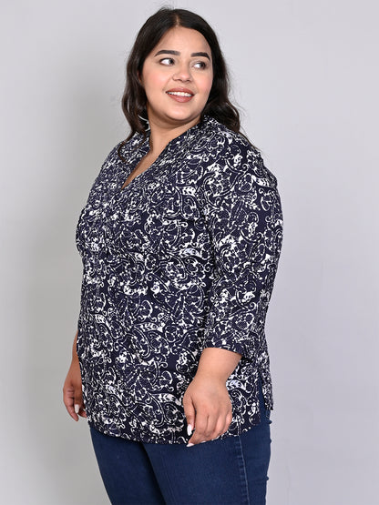 Women Plus Size Navy Blue & White Printed Pintuck Mandarin Collar Longline Top
