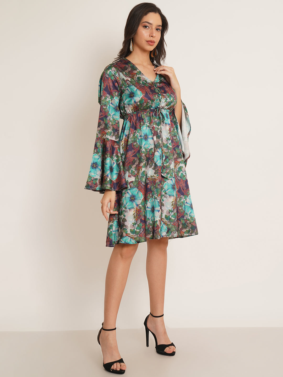 Women Green & Blue Printed Bell Sleeve Drawstring Fit & Flare Dress