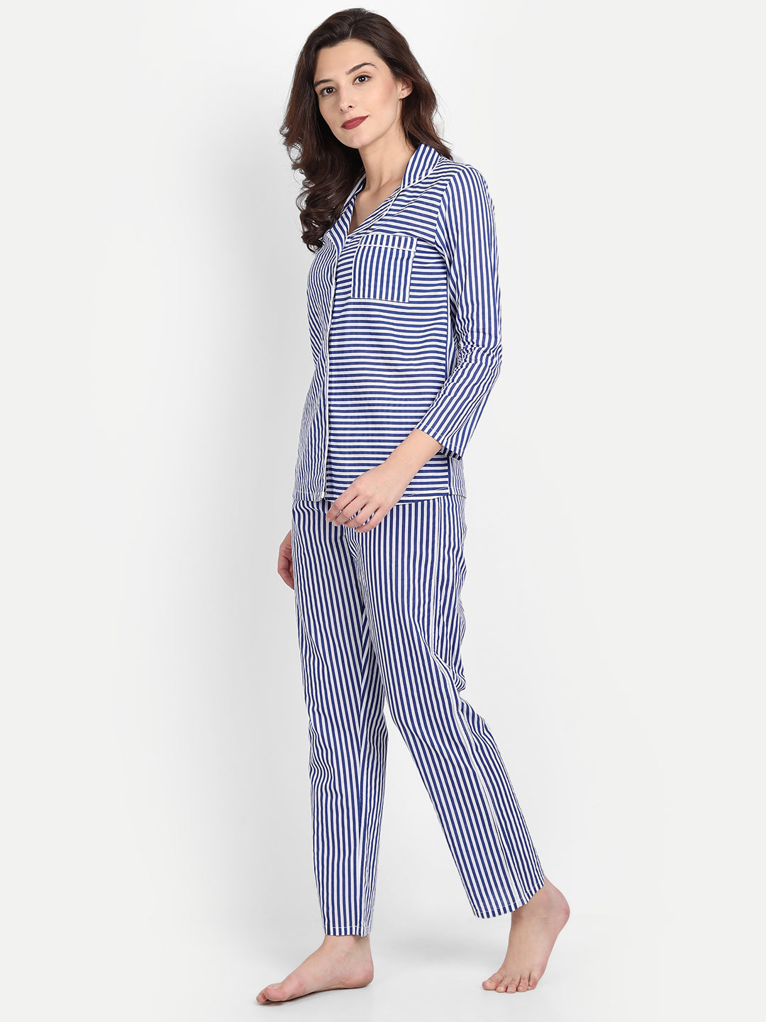 Women Blue & White Stripe Cotton Pyjama & Shirt Nightsuit Set
