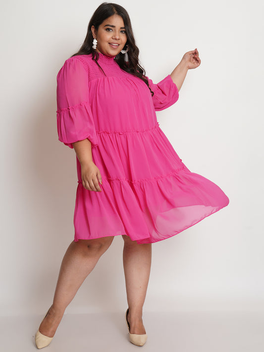 Women Pink High Neck Smocked A-Line Plus Size Dress