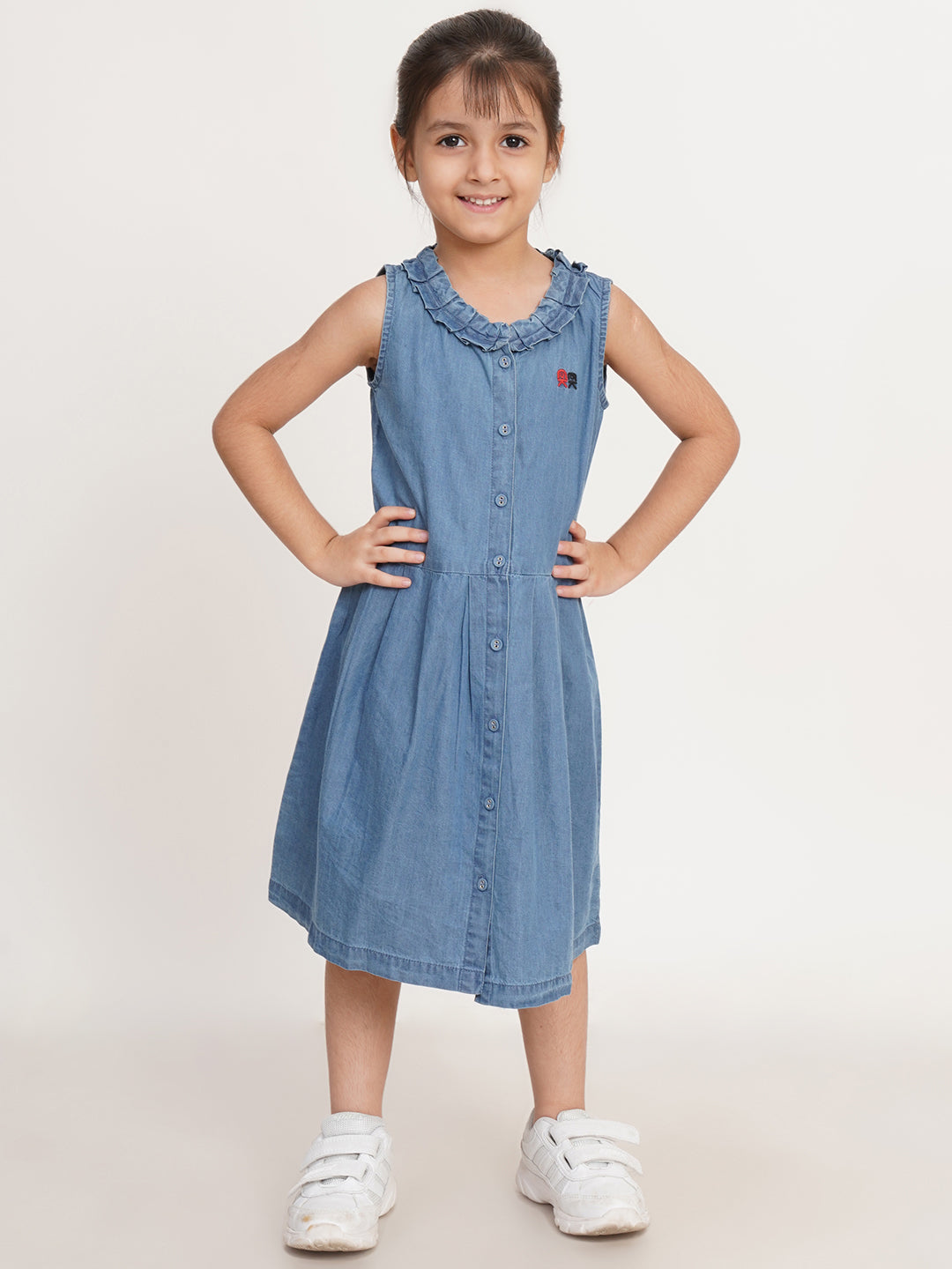 CREATIVE KID'S Girl Blue Button Front Embroidered Logo A-Line Denim Dress